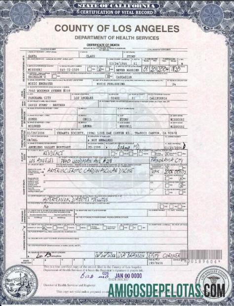 Imprimível modelo de certidão de óbito dos EUA Califórnia em formato PSD